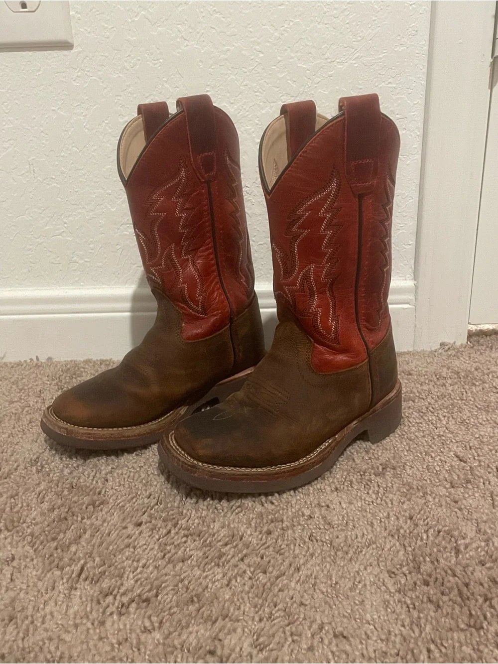 Kids Western Pull-On Boots in Brown and Red - Stitched Shaft
